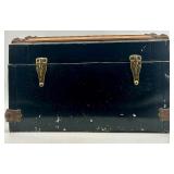 Vintage Blue and Wood Small Trunk with Metal Accents and Floral Lined Interior