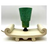 Vintage MCM Ceramic Scroll Table Lamp with Green Fiberglass Shade