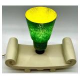 Vintage MCM Ceramic Scroll Table Lamp with Green Fiberglass Shade
