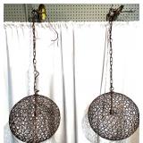 Pair of Round Metal Wire Globe Pendant Light Fixtures