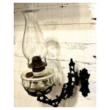 Antique Wall-Mounted Glass Oil Lamp with Cast Iron Bracket