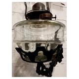 Antique Wall-Mounted Glass Oil Lamp with Cast Iron Bracket