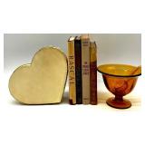 Vintage Books Collection with Heart-Shaped Box and Amber Glass Dish
