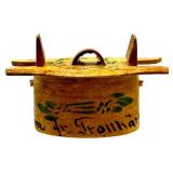 Antique Swedish Miniature Painted Wooden Box with Handle and Decorative Motif