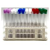 Lot of Plastic Test Tubes with Assorted Caps, Storage Racks, and Two Clear Box Compartment Boxes