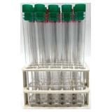 Lot of Plastic Test Tubes with Assorted Caps, Storage Racks, and Two Clear Box Compartment Boxes