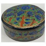 Vintage Decorative Collection with Wire Shoe, Glass Bottles, Lacquer Box, and Postcard