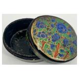 Vintage Decorative Collection with Wire Shoe, Glass Bottles, Lacquer Box, and Postcard