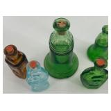 Vintage Decorative Collection with Wire Shoe, Glass Bottles, Lacquer Box, and Postcard