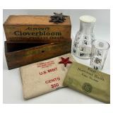 Vintage Cheese Box, Glass Carafe Set, Bank Bag, U.S. Mint Bag, and Star Architectural Pieces