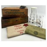 Vintage Cheese Box, Glass Carafe Set, Bank Bag, U.S. Mint Bag, and Star Architectural Pieces