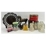 Vintage Mixed Lot: Cast Iron Trivet, Horse Pull Toy, Spice Tins, Glass Insulators, and Collectible Containers