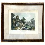 Framed Hand-Colored Engraving Dudley Castle Gate with Figures