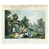 Framed Hand-Colored Engraving Dudley Castle Gate with Figures