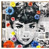 Audrey Hepburn Mixed Media Pop Art Collage on Canvas with 3D Flowers