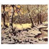 Framed Signed Winter Landscape Painting with Stream and Snow
