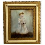 Antique Framed Portrait Painting of Child with Ornate Artisan Made Gilt Frame