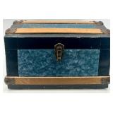 Vintage Blue and Wood Small Trunk with Metal Accents and Floral Lined Interior
