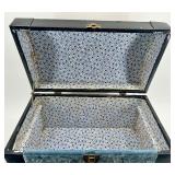 Vintage Blue and Wood Small Trunk with Metal Accents and Floral Lined Interior