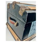 Vintage Blue and Wood Small Trunk with Metal Accents and Floral Lined Interior