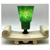 Vintage MCM Ceramic Scroll Table Lamp with Green Fiberglass Shade