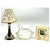 Decorative Lot with Glass Hen Dish, Metal Tealight Lamp, and Nicole Miller Frame