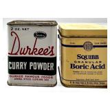 Collection of Vintage Metal Tins, Kitchen Spice Bottles, Car Emblems, and Kodak Film Reel