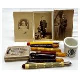 Vintage Pharmacy Memorabilia Collection with Ephemera, Pens and Apothecary Pot