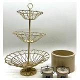 Vintage 3-Tier Metal Stand with Robinson Ransbottom Stoneware Crock and 2 Miniature BI Jars