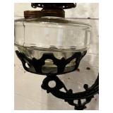 Antique Wall-Mounted Glass Oil Lamp with Cast Iron Bracket