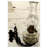 Antique Wall-Mounted Glass Oil Lamp with Cast Iron Bracket