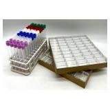 Lot of Plastic Test Tubes with Assorted Caps, Storage Racks, and Two Clear Box Compartment Boxes