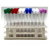 Lot of Plastic Test Tubes with Assorted Caps, Storage Racks, and Two Clear Box Compartment Boxes