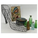 Vintage Decorative Collection with Wire Shoe, Glass Bottles, Lacquer Box, and Postcard