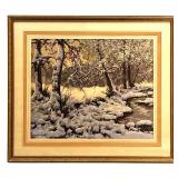 Framed Signed Winter Landscape Painting with Stream and Snow
