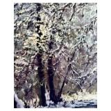 Framed Signed Winter Landscape Painting with Stream and Snow