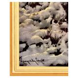 Framed Signed Winter Landscape Painting with Stream and Snow