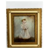 Antique Framed Portrait Painting of Child with Ornate Artisan Made Gilt Frame