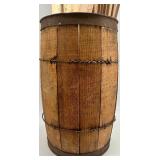 Vintage Wooden Barrel with Collection of Yardsticks and Rulers