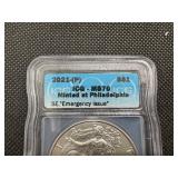 2021 1 Oz. Silver American Eagle ICG MS70 Emergency Issue - Perfect Grade! - PCGS Price Guide is $80