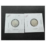 Two Seated Liberty Dimes - 1875 Marked XF and 1891 Marked G-4 - Greysheet Wholesale Value for Both is $36