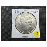 1886 Morgan Silver Dollar Marked 63 When Purchased - Nice Mint Luster!!