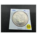1886 Morgan Silver Dollar Marked 63 When Purchased - Nice Mint Luster!!