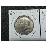 Two 90% Silver Kennedy Half Dollars - 1964 and 1964-D Both Marked AU 55 When Purchased