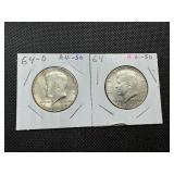 Two 90% Silver Kennedy Half Dollars - 1964 and 1964-D Both Marked AU 50 When Purchased