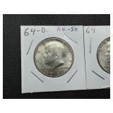 Two 90% Silver Kennedy Half Dollars - 1964 and 1964-D Both Marked AU 50 When Purchased