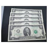 Five Sequential Two Dollar Bills