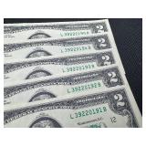 Five Sequential Two Dollar Bills