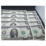 Ten Sequential Two Dollar Bills