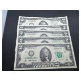 Five Sequential Two Dollar Bills